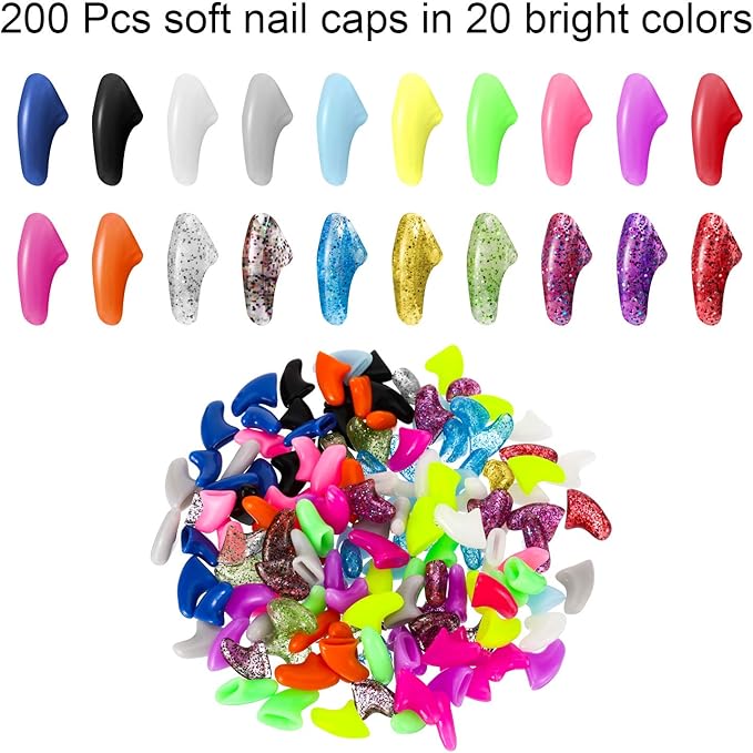 WILLBOND 200 Pieces 20 Color Cat Claw Caps with 10 Pcs Adhesive Glues and 10 Pcs Applicators Cat Claw Covers Nail Tips with Instruction for Pets Cats
