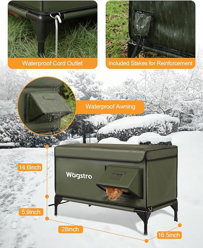 Ex-Large Heated Cat House for Outside in Winter, 100% Waterproof, Escape Door, 6" Elevated, Weatherproof Insulated Outdoor Cat House Shelter with Heater for Stray Feral Cat (Olive Green, 29"x17"x20")