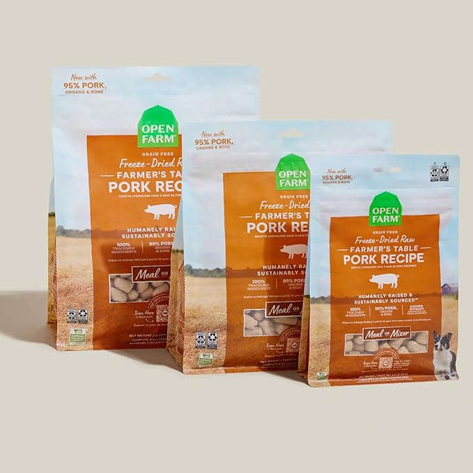 Open Farm, Freeze Dried Raw Dog Food, Morsels with 95% Meat, Organs & Bone, Organic Produce & Superfoods, Complete Meal or Freeze Dried Dog Food Topper, Pork Recipe, 13.5oz Bag