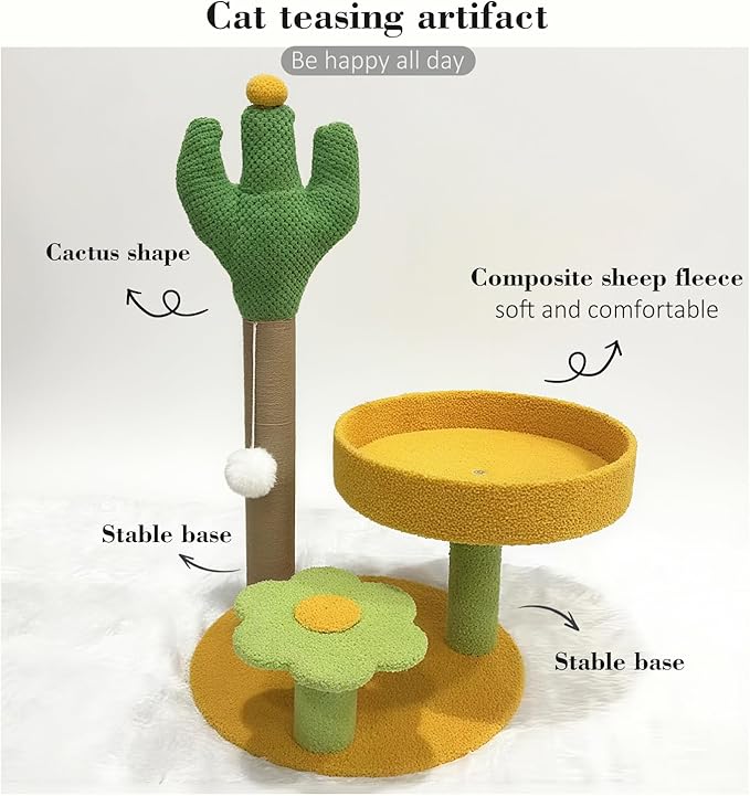 Cactus Cat Scratching Posts Cats Scratcher H 27.16" with Premium Sisal Rope 13.78" Bed, Flower Shaped Platform and Dangling Balls, Scratcher Vertical Green Cats Tree Suitable for Indoor Kitten