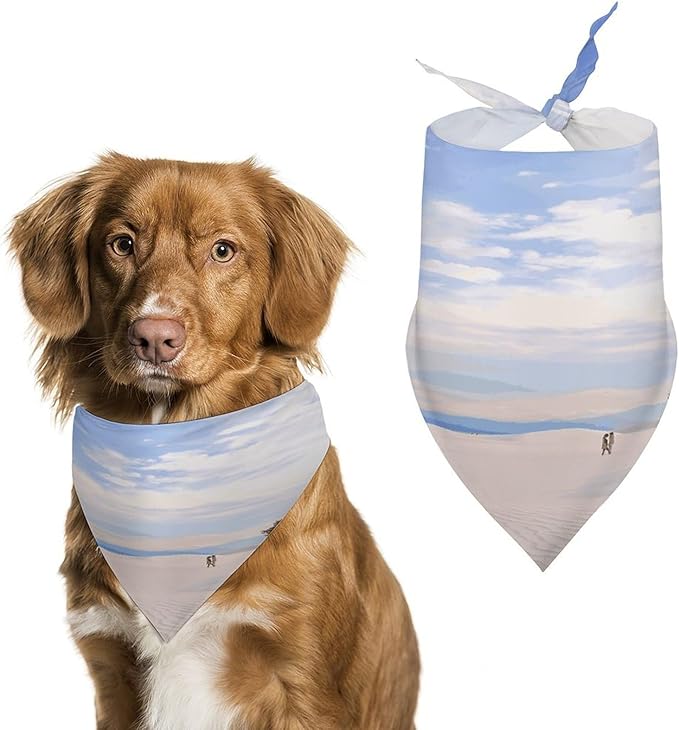 Dog Bandana Spring Pet Scarf Adjustable Triangle Romantic White Sand Landscape Printing Dog Bib Washable Polyester Puppy Bandana for Small Medium Large Dogs Cat Birthday Party Supplies