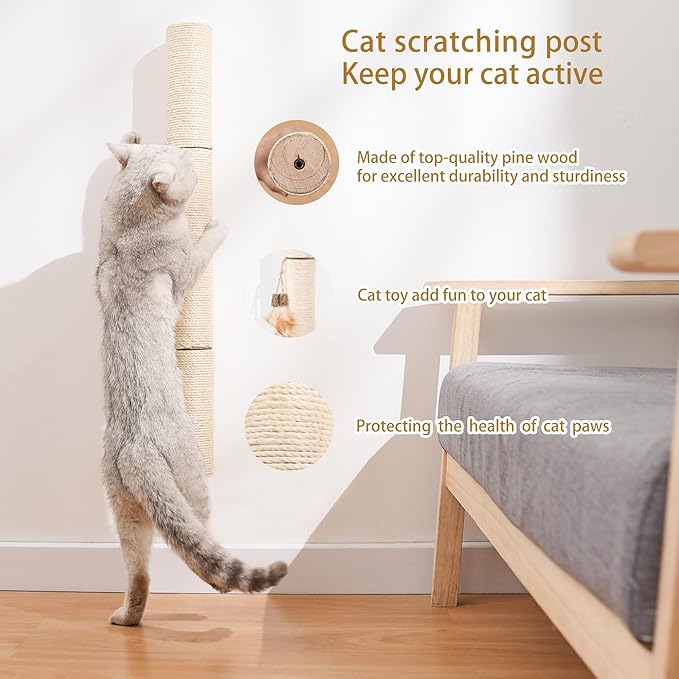 Cat Scratching Post, Wall-Mounted Scratching Post, Sisal Cat Scratcher, 28.91in Cat Scratchers for Indoor Cats