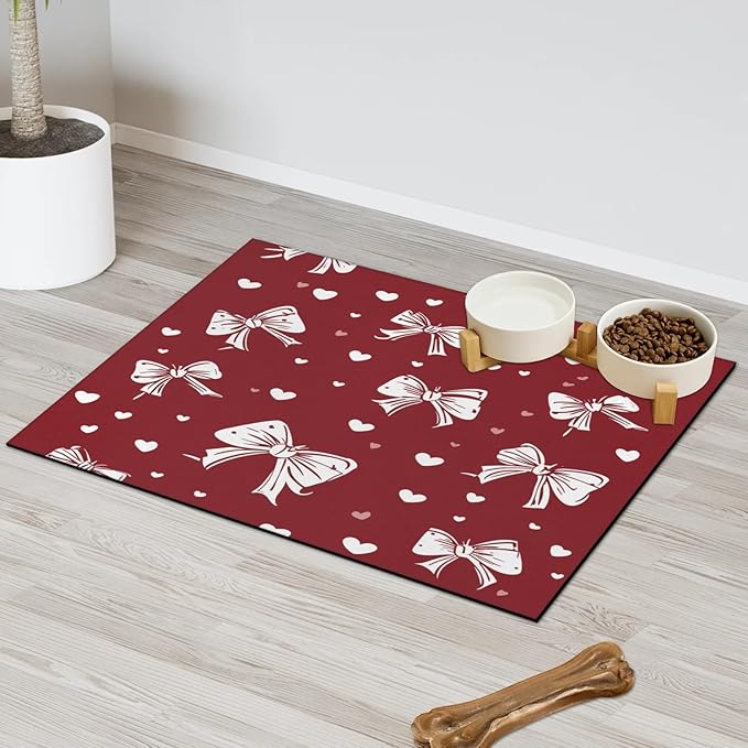 Christmas Bow Dog Food Mat for Floors Absorbent, Quick Dry Water Dispenser Mat for Food, Water, Pet Supplies 16" x 24", Cute Love