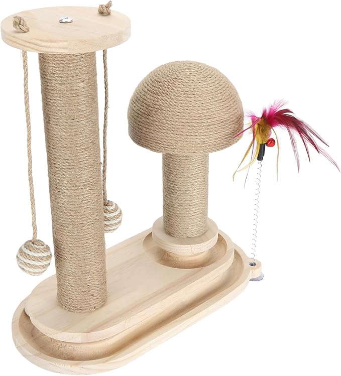 Cat Toy Cat Scratching Post 2 Layer Ball Track Kitten Scratcher Cat Toy, Sturdy Pine Hemp Cat Scratch Post Interactive Toy with Wood Ball, Suction Cup Base Cat Scratcher Toy