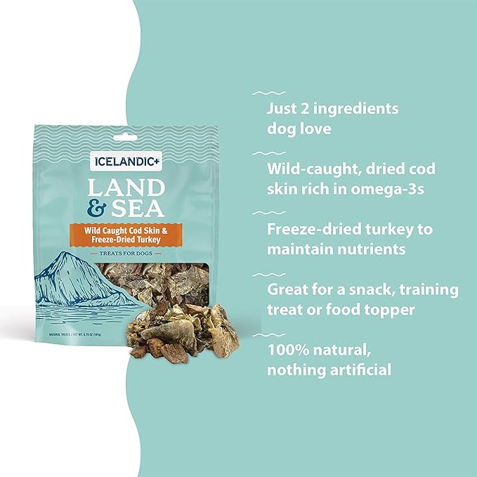 Icelandic+ Land & Sea Wild Caught Cod Skin & Freeze-Dried Turkey - 2.4oz Bag, Dog Treat & Food Topper, 2 Ingredients, No Preservatives, All Natural