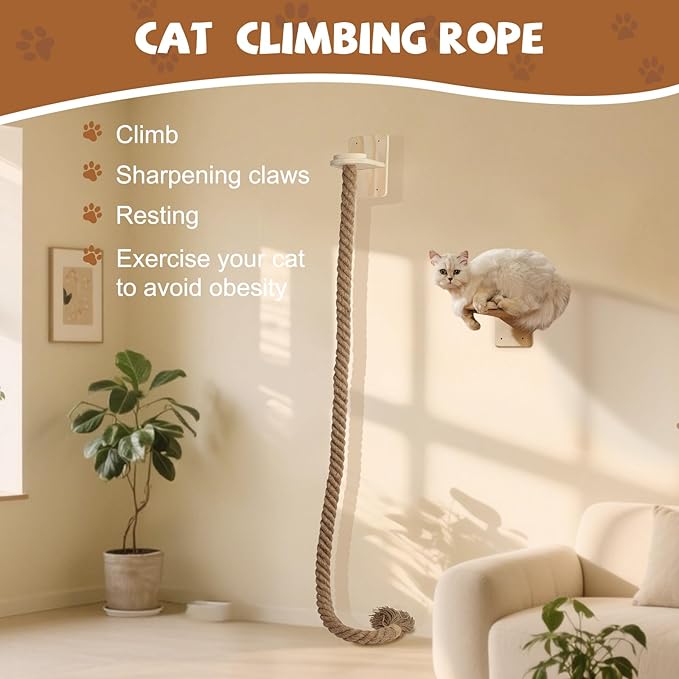 Cat Scratching Post Wall-Mounted Cat Ladder, Cat Tree with Durable Climbing Rope & Space-Saving Cat Furniture for Indoor Cats - Easy Installation & Sturdy Design
