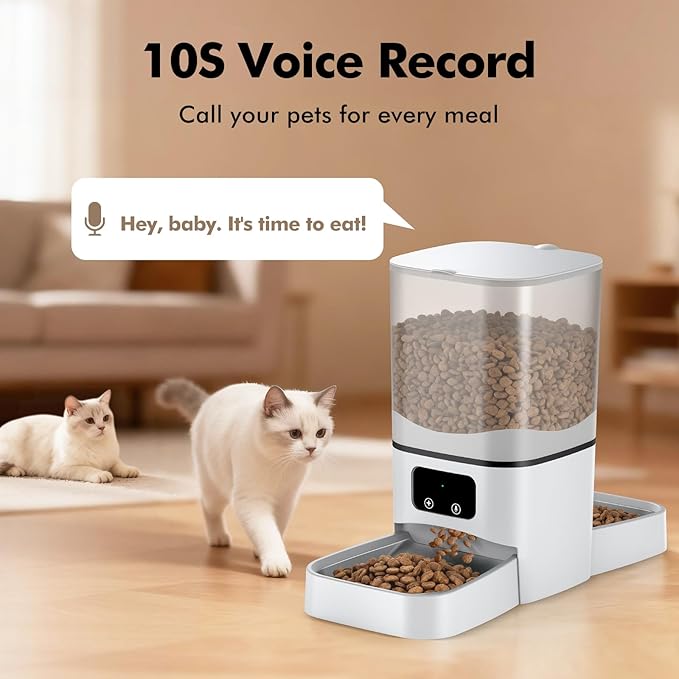 Automatic Cat Feeder 2 Cats, 6L Automatic Cat Food Dispenser with 2 Stainless Steel Bowls, Timed Dry Food Dispenser with APP Control for Cats and Dogs, Dual Power Supply, 10s Voice Recorder