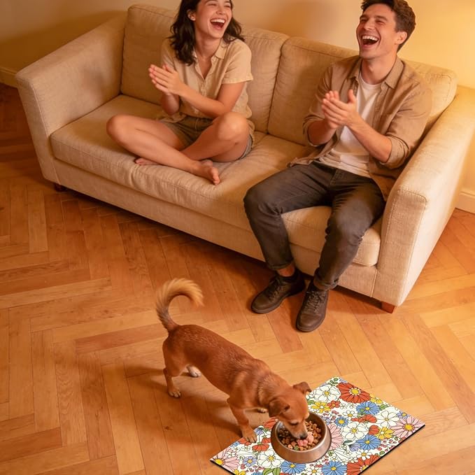 GLOBLELAND Florals Pet Food Mat for Floors 11.8×20 inch Dogs Food Mats Absorbent Dog Bowl Mat Quick Dry Dog Cat Pet Placemats Pets Supplies for Water Dispenser