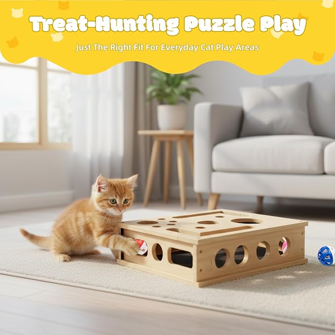 Cat Nail File Enrichment Box - Wooden Scratch & Puzzle Toy with 3 Bell Balls, Sandpaper Pad for Indoor Cat Claw Grinding, Mental Stimulation and Boredom Relief