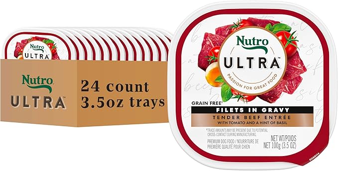 Nutro Ultra Wet Dog Food Grain Free Filets, Adult Dog Food Wet Recipe in Gravy Tender Beef Entree, 3.5 oz. Trays (24 Count, Pack of 1)