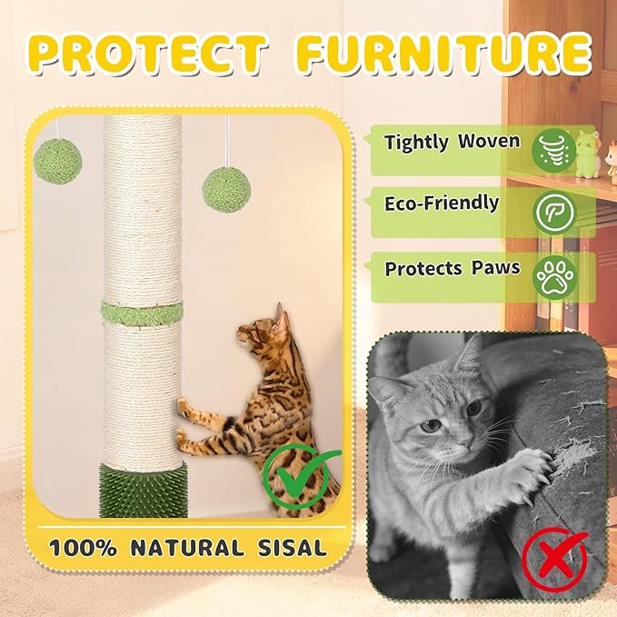 41'' Tall Cat Scratching Post,3.3'' Wide Sisal Rope Scratching Post for Indoor Adults Kittens,Cat Scratcher Tree with Stable Solid Wood Base Interactive Ball Toys Self Groomer Brush for Large Cats