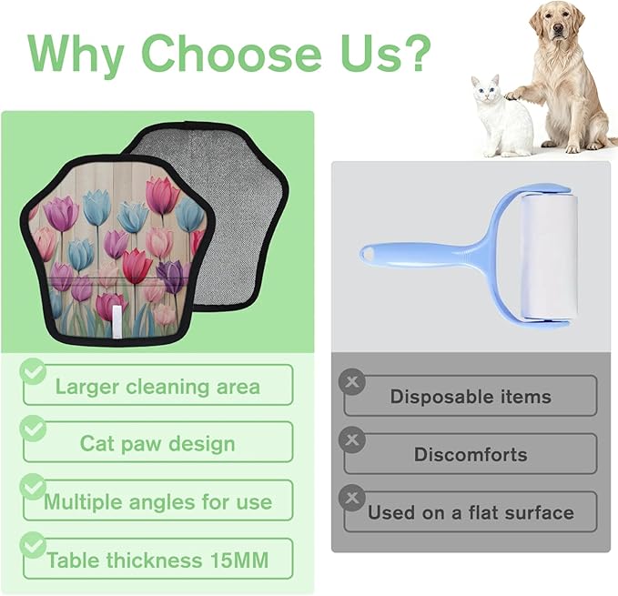 Reusable Pet Hair Removal Glove Tulip Flowers Magic Brush for Cat & Dog Hair Remover for Car, Sofa, Bedding, Clothes - 9x9 Mitt Washable