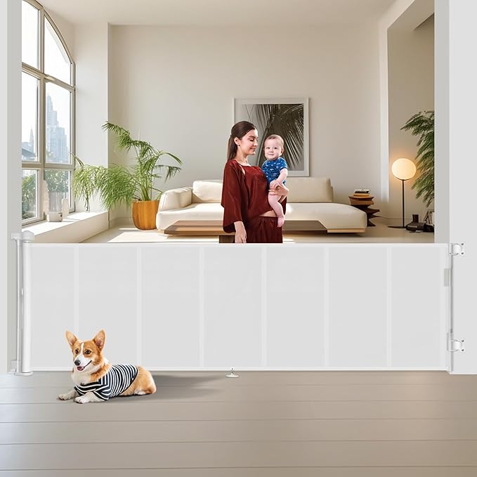 150 inch Retractable Baby Gates 34 inch Tall, Retractable Gate with Reinforced Strip Design to Prevent Crawling Through, 12 FT Extra Wide Retractable Dog Gate for Indoor/Outdoor