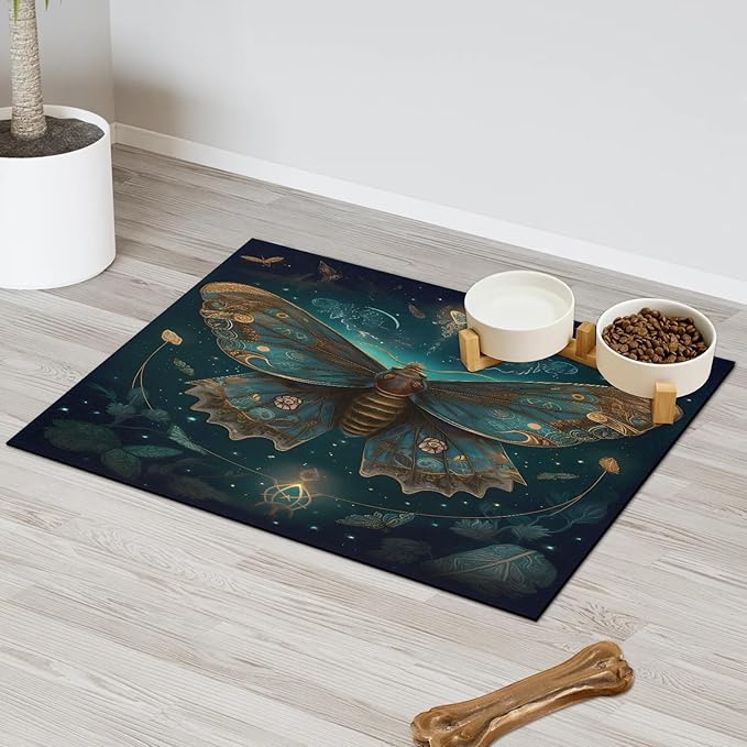 Vintage Butterfly Dog Food Mat for Floors Absorbent, Quick Dry Water Dispenser Mat for Food, Water, Pet Supplies 16" x 24", Boho Butterfly