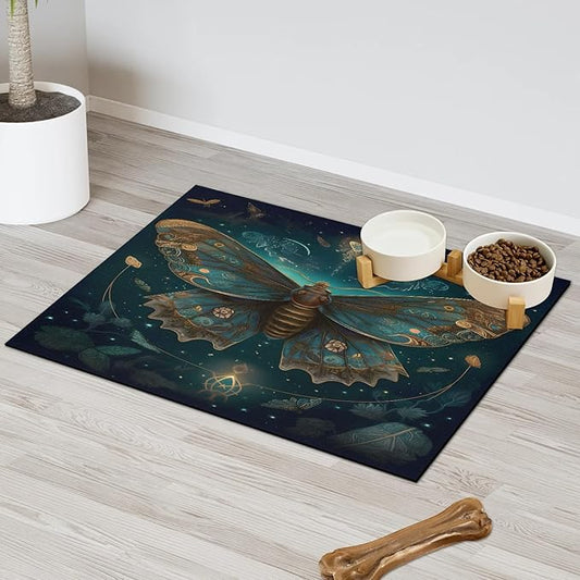 Vintage Butterfly Dog Food Mat for Floors Absorbent, Quick Dry Water Dispenser Mat for Food, Water, Pet Supplies 16" x 24", Boho Butterfly