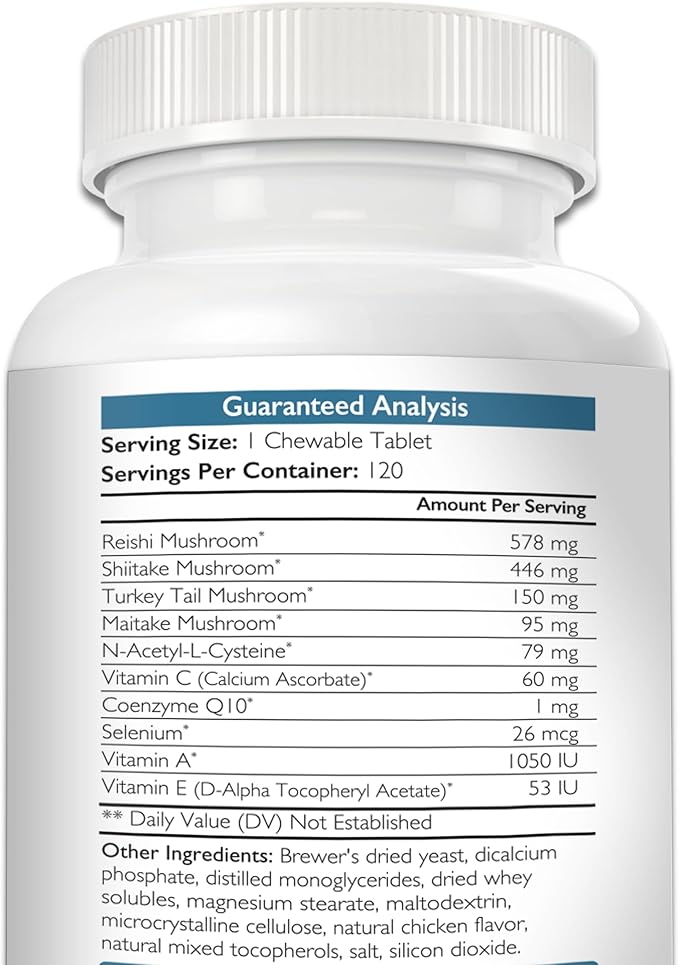Immune Support for Dogs Plus Antioxidant, Reishi, Shiitake, Maitake, Turkey Tail Mushrooms for Dogs, with Coenzyme Q10, Selenium, Vitamin A, 120 Chewable Tablets