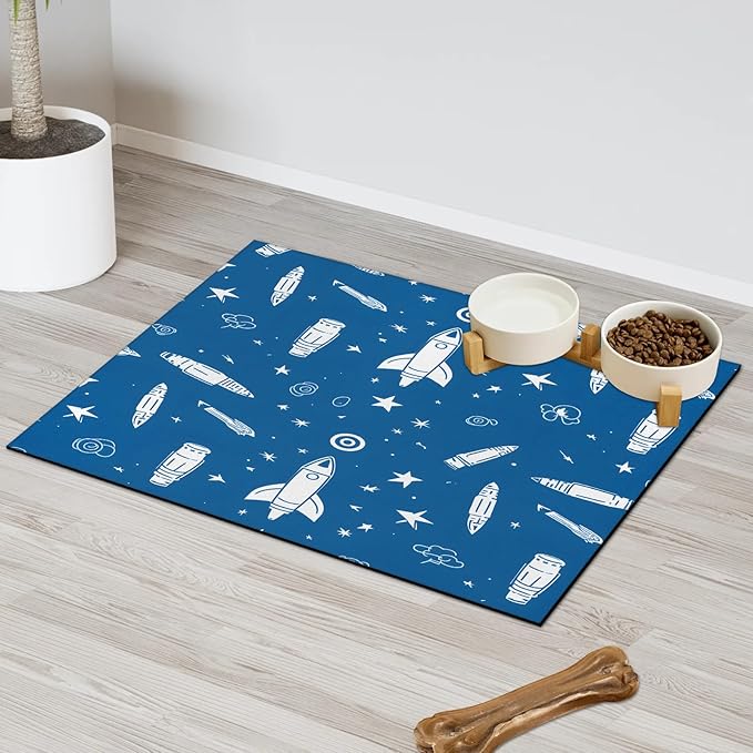 Outer Space Dog Food Mat for Floors Absorbent, Quick Dry Water Dispenser Mat for Food, Water, Pet Supplies 12" x 20", Cartoon Rocket