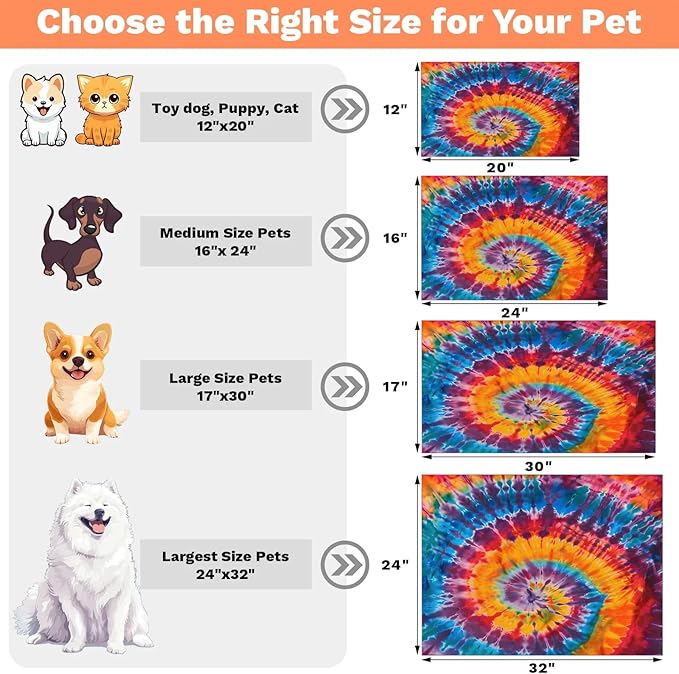 Colorful Tie dye Dog Food Mat for Floors Absorbent, Quick Dry Water Dispenser Mat for Food, Water, Pet Supplies 17" x 30", Abstract Rainbow
