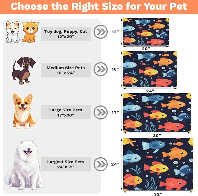Cartoon Fish Dog Food Mat for Floors Absorbent Dog Bowl Mat for Food and Water Dispenser Quick Dry Cat Food Placemat Pet Supplies 17" x 30", Coral Ocean