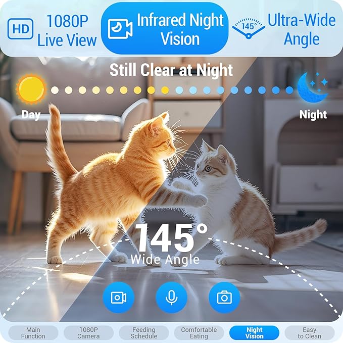 Dual Automatic Cat Feeder with Camera for 2 Cats: 5G WiFi Automatic Dog Feeder with Night Vision, 7L Auto Cat Food Dispenser with Two Camera for Multiple Pet, Easy to Clean-29 Cup(ACF180W-A)