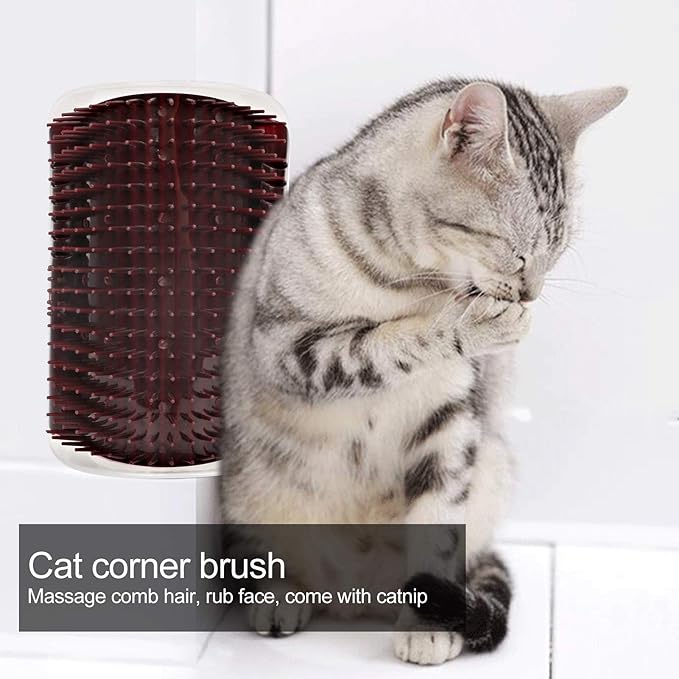 Cat Self Groomer Brush, Plastic Massage Comb with Soft Cat Corner Scratcher 12.6x8.3cm - Easy Mount Wall Scratcher, Removes Loose Hair, Perfect for Cats Grooming and Play (Coffee)