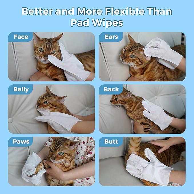 Vannon Portable Pet Bathing Wipes for Dogs & Cats, Cleaning & Odor-Controlling Extra Thick Grooming Glove Wipes for Daily Care and Traveling, Rinse Free, Nourish Fur, Individually Packaged, 20 PCS