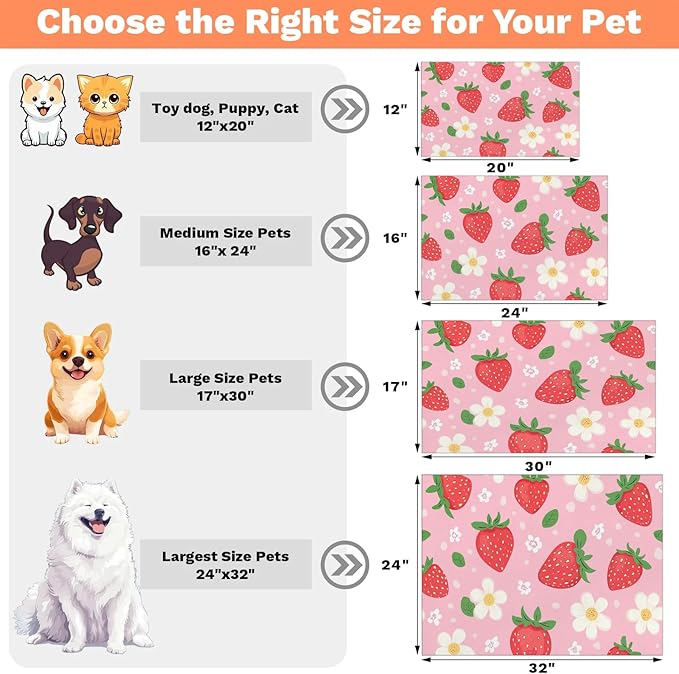 Red Strawberry Dog Food Mat for Floors Absorbent Dog Bowl Mat for Food and Water Dispenser Quick Dry Cat Food Placemat Pet Supplies 12" x 20", Cute Flower
