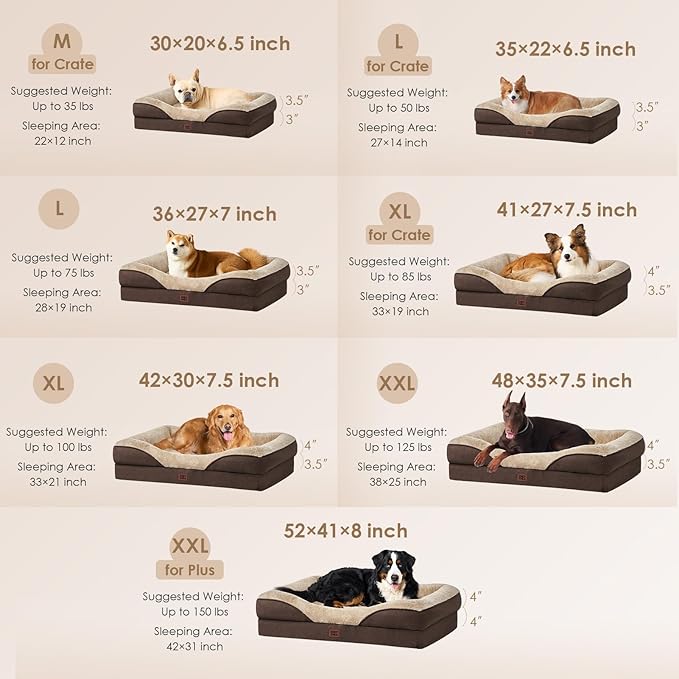 EHEYCIGA Orthopedic Dog Bed for Medium Dog, 30x20x6.5 Inch Memory Foam Dog Couch Bed with Sides, Waterproof Liner & Washable Removable Cover, Bolster Pet Sofa, Brown