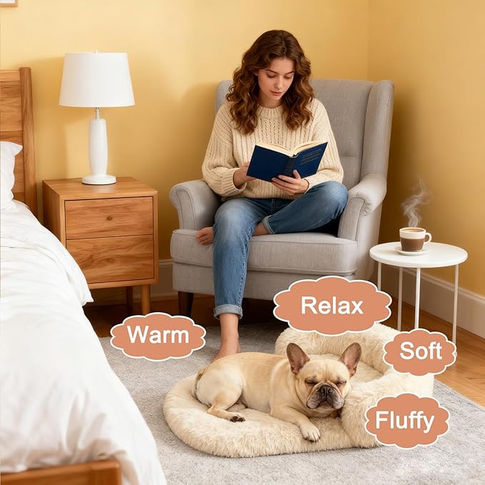 Calming Dog & Cat Beds for Small Medium Dogs Cats, Anti-Anxiety Plush Pets Lounge Couch Sofa Orthopedic Cushion, Soft Fluffy Faux Fur Washable, Fits up to 25 lbs Pets (Oval, Beige 26"x20")