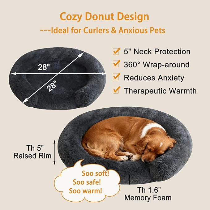 Calming Cute Dog Beds for Medium Dogs, Orthopedic Cushion Anti-Anxiety Donut Cuddler Bed, Soft Fluffy Faux Fur Plush Warm Cozy Removable Cover Fits up to 35 lbs Pets (Round, Dark Grey 28")