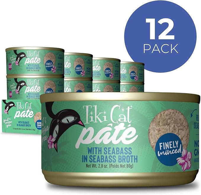 Tiki Cat Luau Pâté, Seabass Recipe in Seabass Consumme, Grain-Free Balanced Nutrition Wet Canned Cat Food, for All Life Stages, 2.8 oz. Cans (Pack of 12)