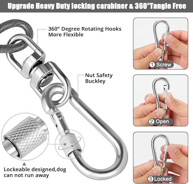 jenico Dog Tie Out Cable, 10/15/20/30/40/50/70/100/150FT Runner Cable with Swivel Hook and Shock Spring, Dog Leash Run Tether for Yard Outdoor and Camping,for Small to Medium Pets Up to 500 LBS