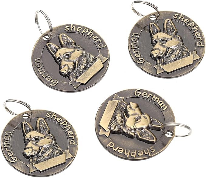ABOOFAN 4pcs Retro Metal Dog Id Tags Pet Hanging Charms Vintage Bronze Dog Collar Pendants for Shepherd Breed, Sturdy Name Tags for Pet Supplies and Collar Accessories