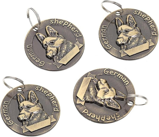 ABOOFAN 4pcs Retro Metal Dog Id Tags Pet Hanging Charms Vintage Bronze Dog Collar Pendants for Shepherd Breed, Sturdy Name Tags for Pet Supplies and Collar Accessories