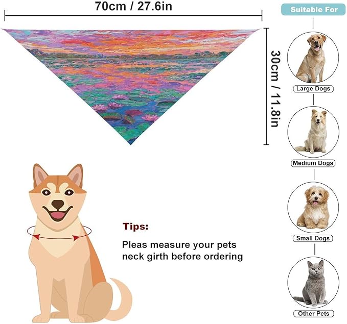 Dog Bandana Spring Pet Scarf Adjustable Triangle Monet Waterlily Printing Dog Bib Washable Polyester Puppy Bandana for Small Medium Large Dogs Cat Birthday Party Supplies