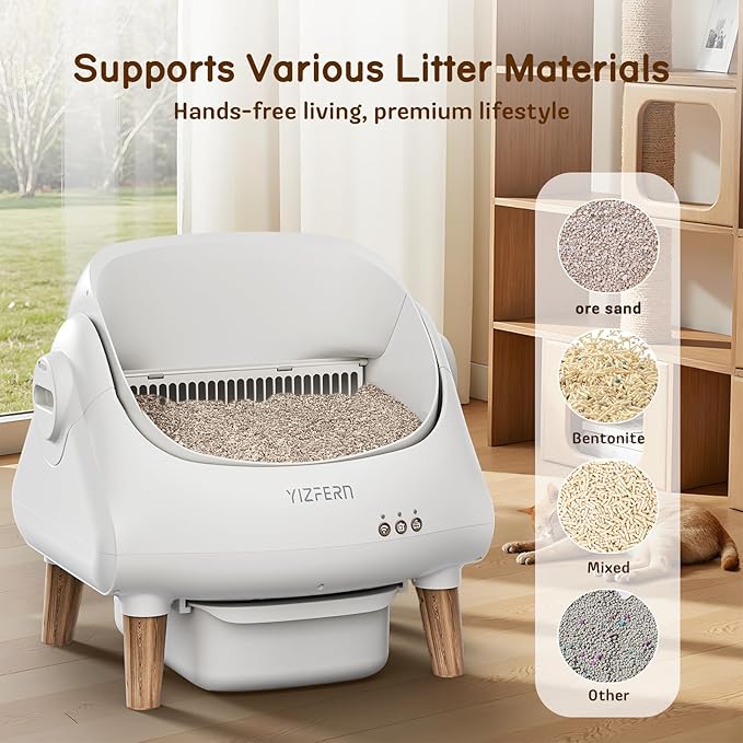 Self Cleaning Litter Box for Multiple Cats, Automatic Cat Litter Box with App Control, Open Top Design, Safety Protection, Ultra-Quiet, Waste Bags, Large Waste Bin & Brush (White) (Wooden)