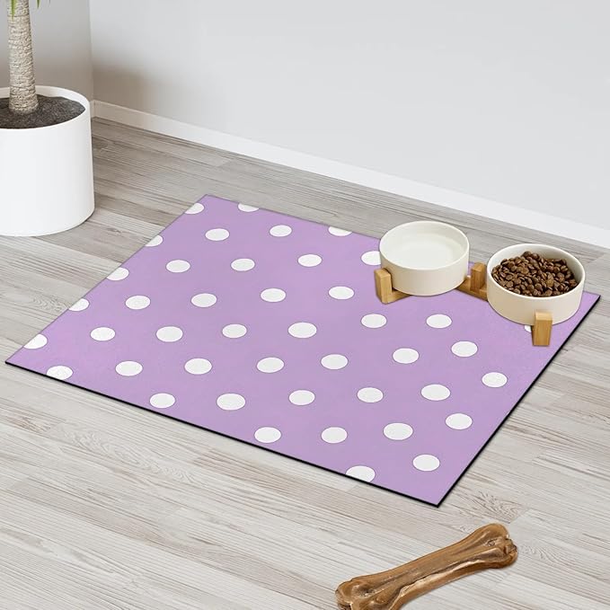Polka Dot Dog Food Mat for Floors Absorbent Dog Bowl Mat for Food and Water Dispenser Quick Dry Cat Food Placemat Pet Supplies 12" x 20", Purple White Spot