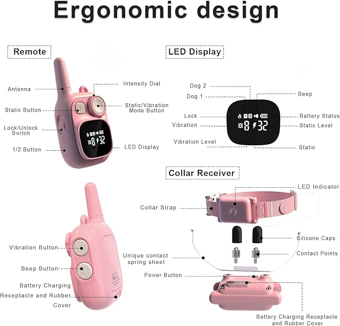 Training Collar Dogs, 1 Remote 1800FT Control 2 Collars, Cat Shock Collars Rechargeable, Pink Electric Collar for 5-120 lbs Small Medium Large Breed Dogs, Adjustable, Waterproof, Vibration