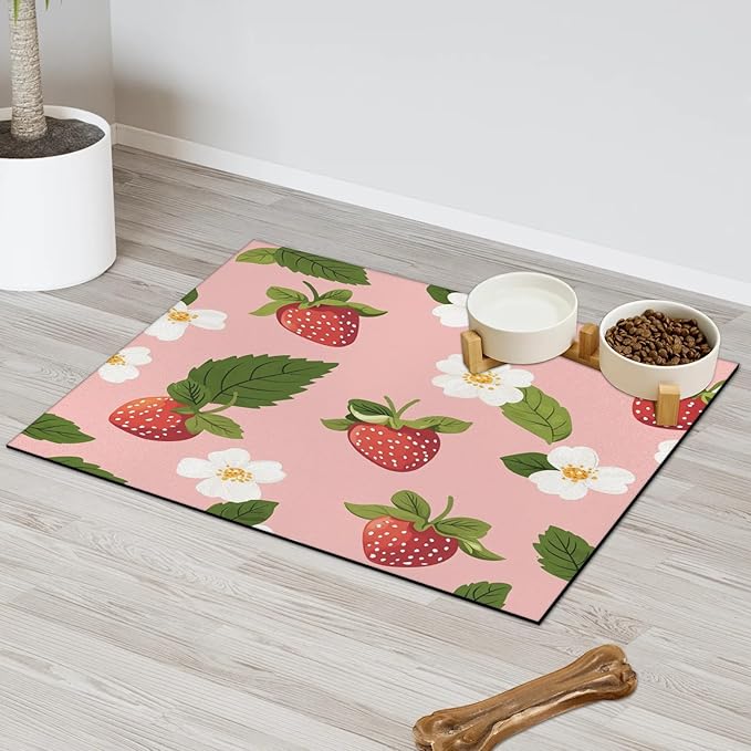 Strawberry Fruit Dog Food Mat for Floors Absorbent Dog Bowl Mat for Food and Water Dispenser Quick Dry Cat Food Placemat Pet Supplies 16" x 24", Spring Floral
