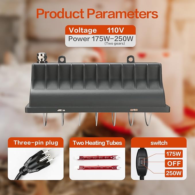 250W Chicken Coop Heater for Chicks Ducks Dog Kennel, Cat Bed, Reptiles, 2 Heating Mode Heat Lamp Warmer for Chicken Coop in Winter, Inside and Outdoor Pet Total 2 Heating Tube as Backup Lamp