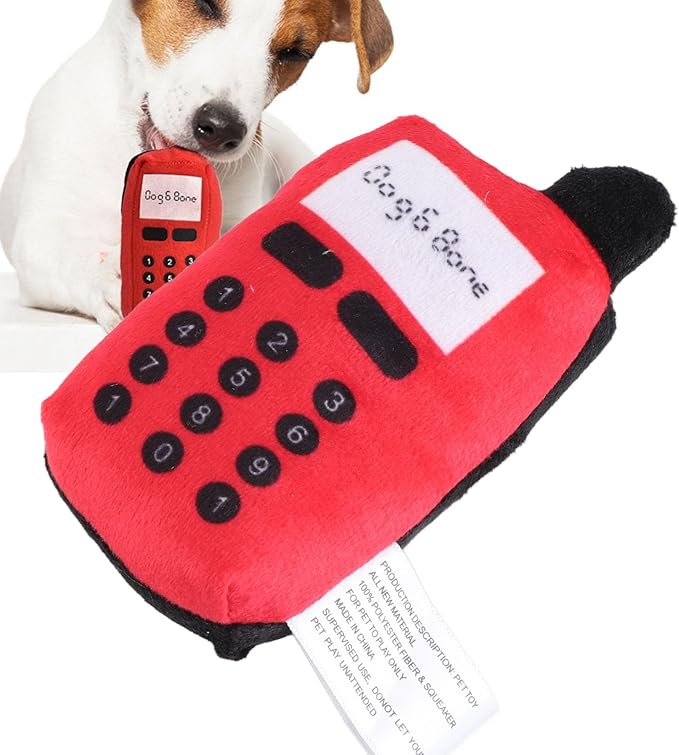 F&Yard Pet Chew Accessory Plush Phone Shape Squeaky Bite Item for Dogs and Cats, Soft Pet Play Supply (Red)