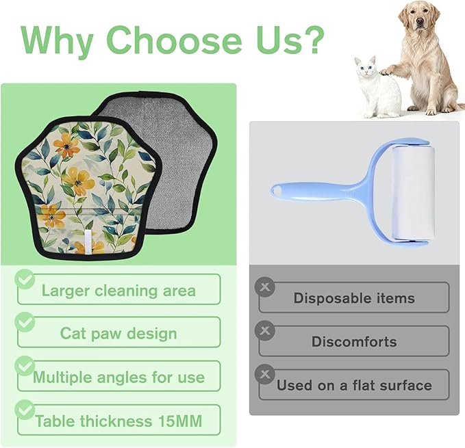 Watercolor Flowers Leaves Electrostatic Pet Hair Removal Glove for Cats & Dogs - Reusable Grooming Mitt for Couch, Carpet, Car Seat & Laundry - Large 9x9 Inch