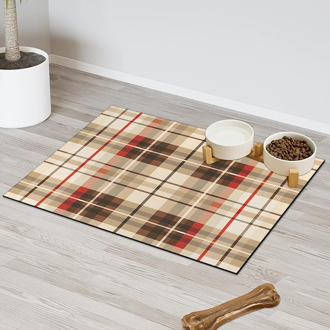 Plaid Dog Food Mat for Floors Absorbent, Quick Dry Water Dispenser Mat for Food, Water, Pet Supplies 17" x 30", Checkered Linen