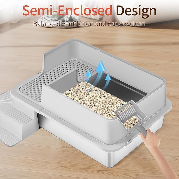 XXXL Stainless Steel Litter Box, 28"x20"x12" Extra Large Semi Enclosed High Sided Metal Cat Litter Box with Filtered Grid, Step, Scoop, Non-Sticky, Non-Odor, Easy Cleaning (Light Gray)
