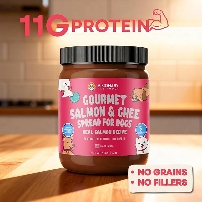 Visionary Pet Foods Salmon and Ghee Meat Spread, Dog Safe - Natural Peanut Butter Alternative - Digestive Support, No Additives - Meal Topper or Lick Mat Treat - 12oz Jar