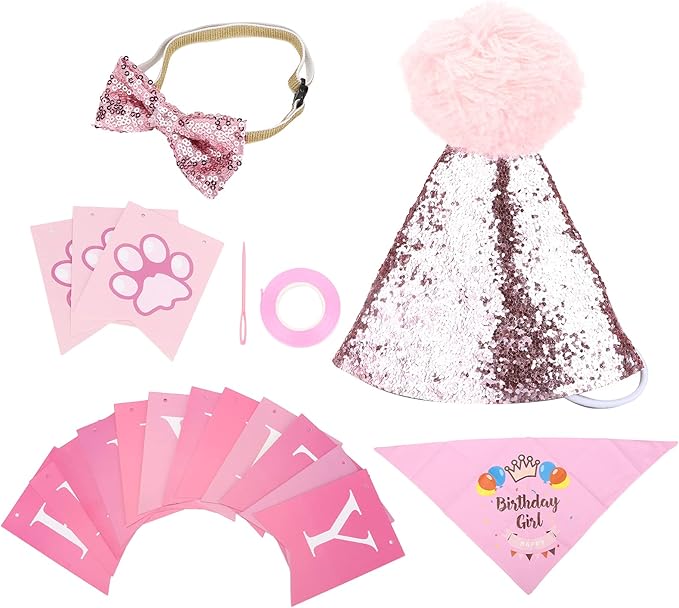 Dog Birthday Scarf Hat Set, Pet Birthday Party Supplies, Adjustable Soft Bandana with Bow Tie and Banner Cards for Puppy Photo Shoots and Celebrations
