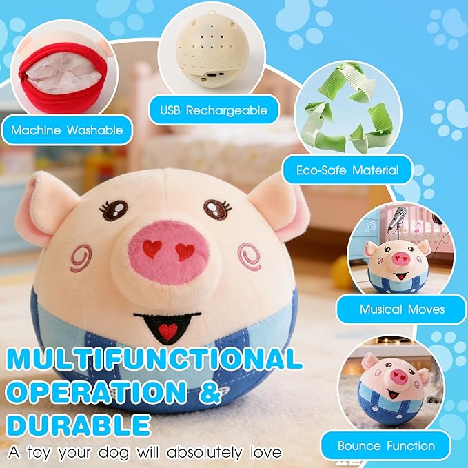 Interactive Dog Toys, 2026 New Active Moving Pet Plush Toy, Rechargeable Squeaky Dog Ball Toy with Talking Sound, Washable Bouncing Piggy Toy for Dogs Puppies (Red)