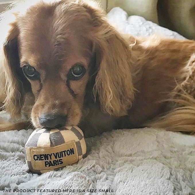 Haute Diggity Dog Checker Chewy Vuiton Ball, Plush Designer Dog Toys with Interactive Squeaker, Stimulating Pet Enrichment, Machine-Washable & Safe Materials for All Breeds, Size Small
