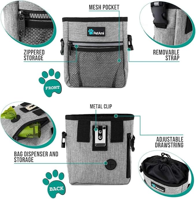 Dog Treat Pouch, Pet Treat Pouch for Training, Dog Walking Bag Holder for Kibbles, Pet Food Toy, Dog Trainer Essentials Supplies, Heather Gray/One Size