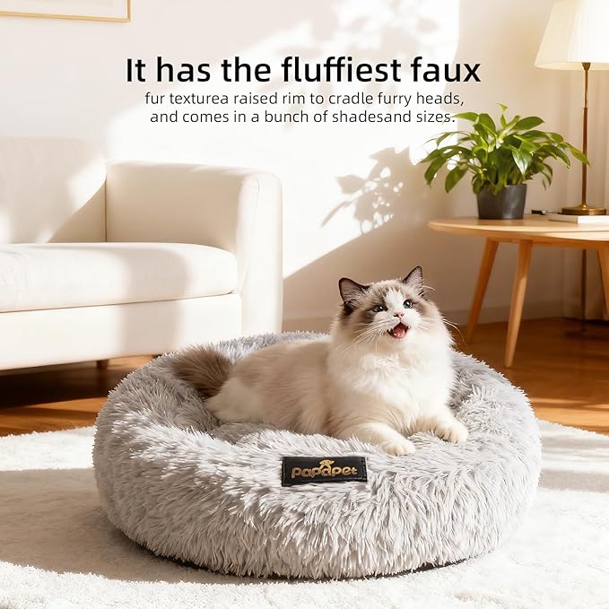 PaPaPet Premium Small Donut Cat&Dog Bed, Ultra Soft Washable Dog and Cat Bed, Plush Long Pile Faux Fur Fabric, Portable Grey Pet Bed Furniture for Puppies Adult Canines & Cats (20'', Grey)